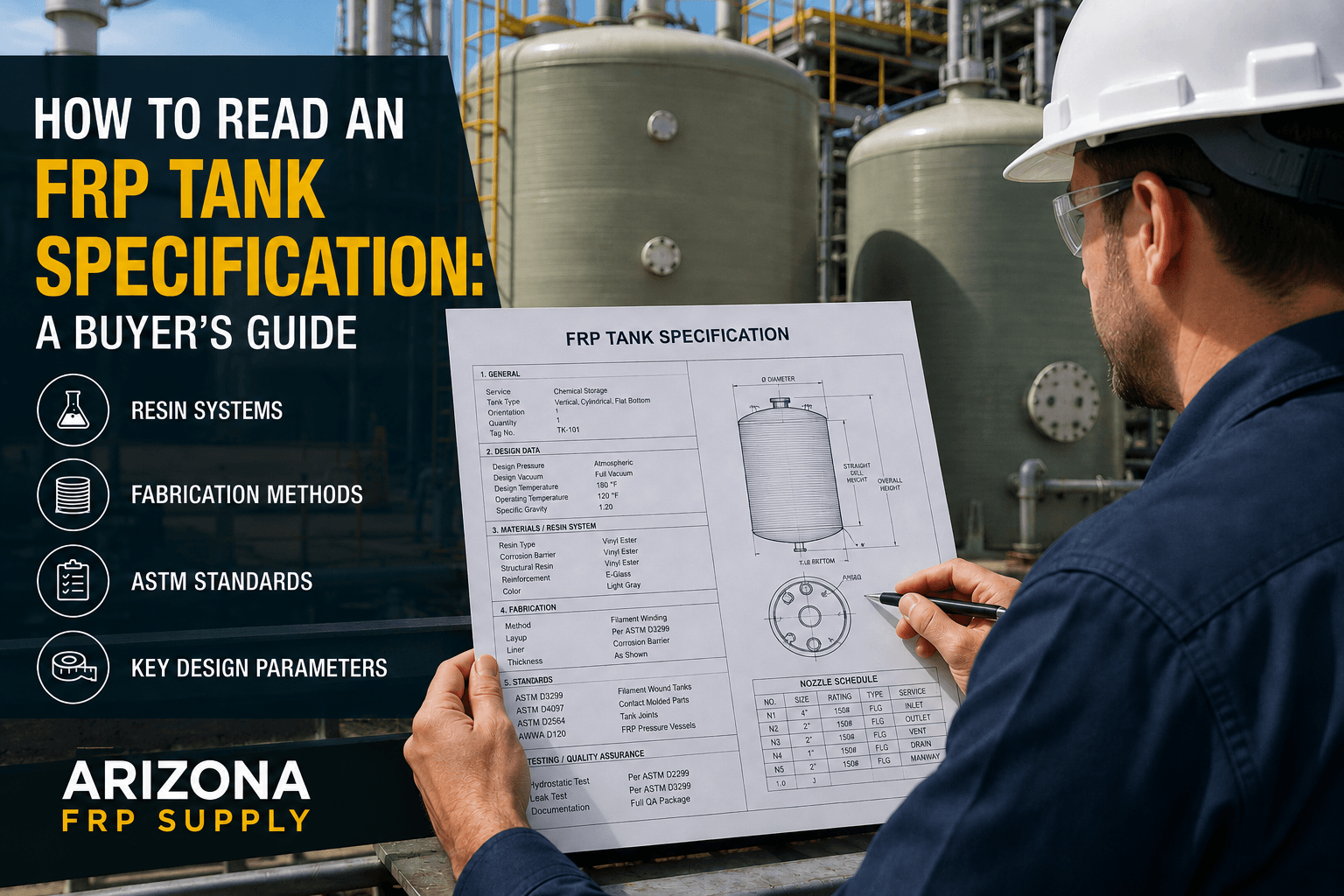 Engineer reviewing an FRP tank technical specification document at an industrial facility